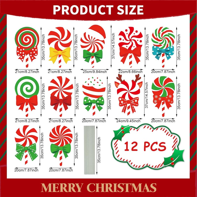 PhyLence 12-Piece Christmas Lollipop Yard Signs with Stakes Decorations – Assorted Candy Cane Peppermint Designs 14 Inches Large Outdoor Holiday Candy Signs for Garden, Lawn, Driveway, and Christmas Party Favor - Image 2